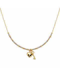 Real Gold 3-Color Beads Balls 1.5 MM Chain with Hanging Heart & Key Pendant Necklace (45 C.M) 0475 N1451