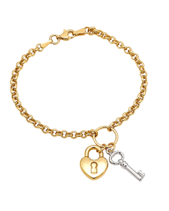 Real Gold Two-Tone Twisted Link Bracelet with Heart Lock and Key Charms (19 C.M) 1607 BR1651