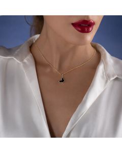 Real Gold Butterfly Black Pearl Pendant With Hollow Rolo Chain 5724 Velvet Nova 0115 CWP 1865