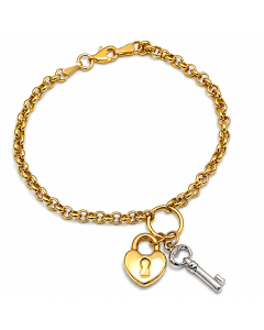 Real Gold Two-Tone Twisted Link Bracelet with Heart Lock and Key Charms (19 C.M) 1607 BR1651