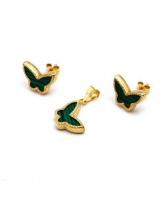 Real Gold GZVC Butterfly Green Pearl Earring Set + Pendant 0285 SET1059
