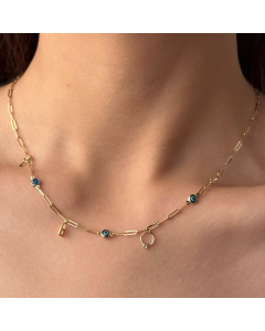 Real Gold Paper Clip Chain Evil Eye Dangler Charms Necklace 0087 N1376