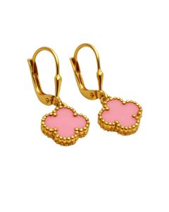 Real Gold Pink Clover Hanging Clip Earring Set - Model GZJVN E1923